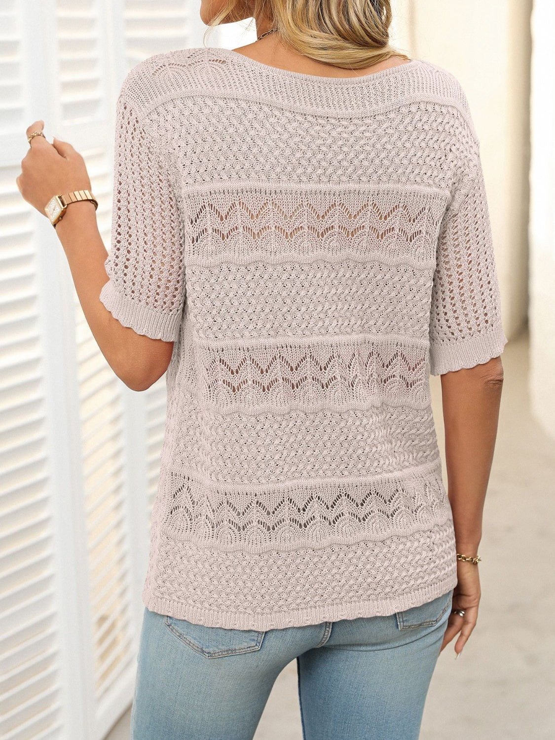 Openwork Round Neck Half Sleeve Knit Top-Angel Casuals