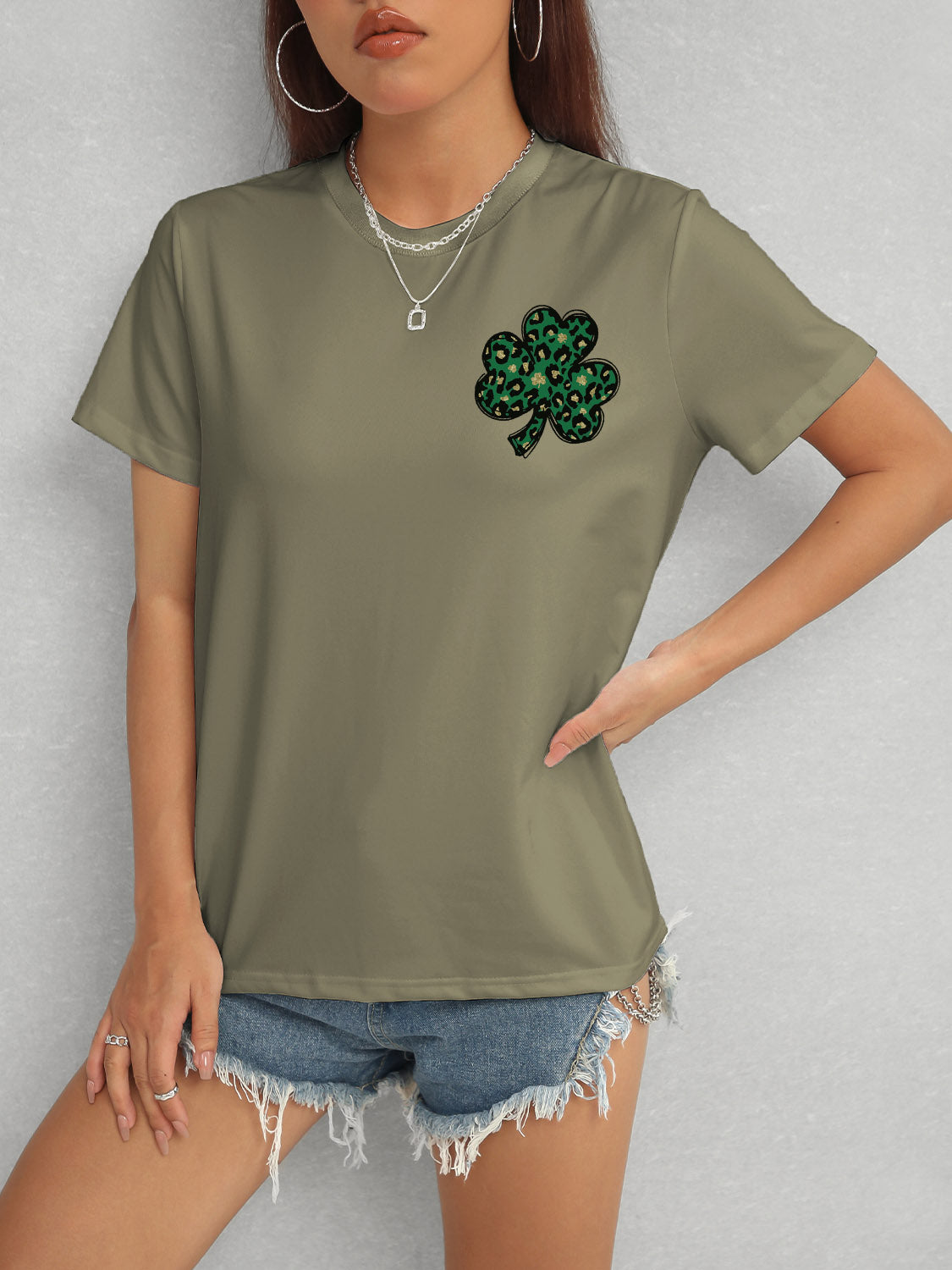 Lucky Clover Round Neck Short Sleeve T-Shirt-Angel Casuals