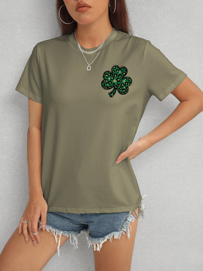 Lucky Clover Round Neck Short Sleeve T-Shirt-Angel Casuals