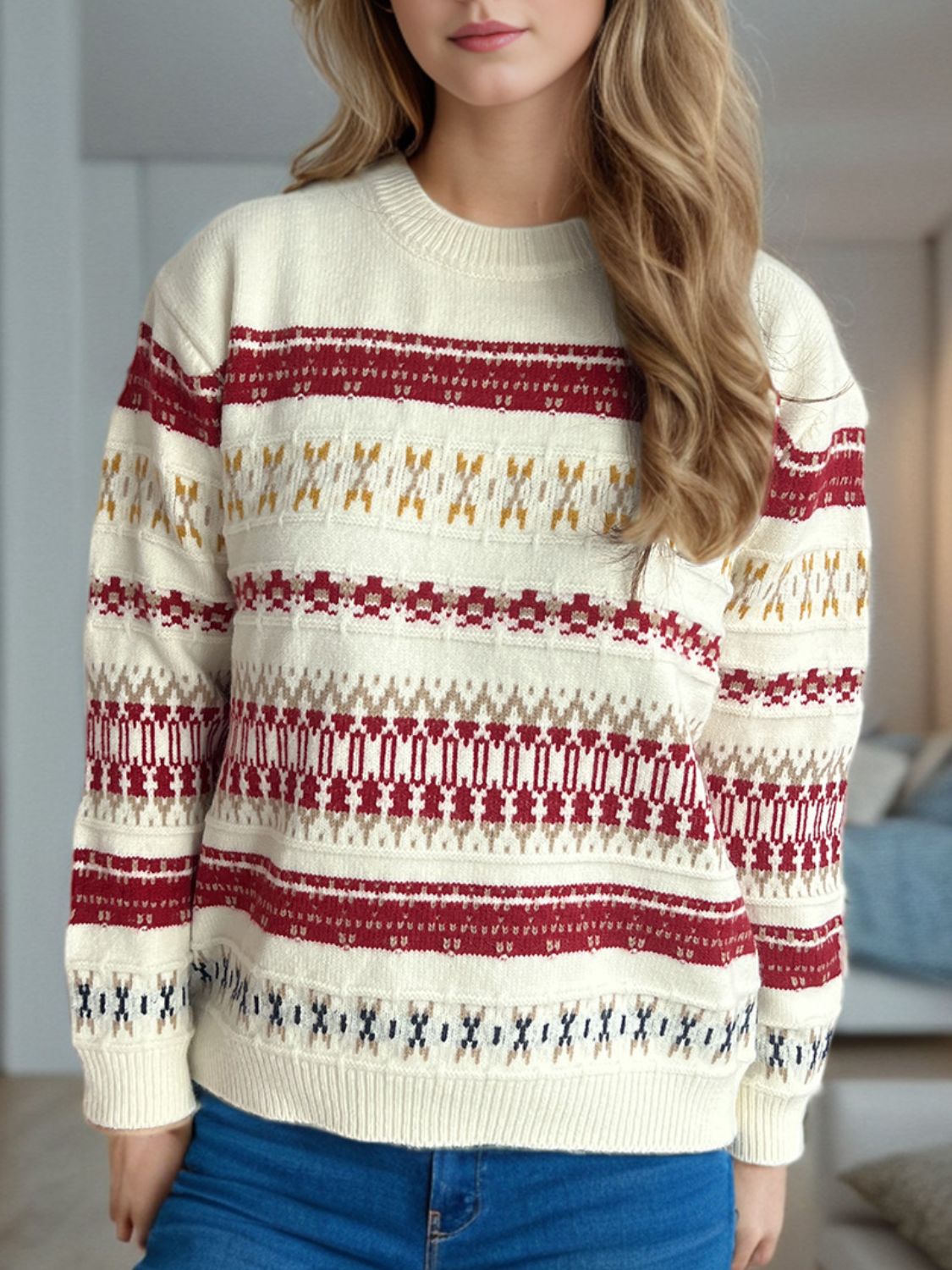 Geometric Round Neck Long Sleeve Sweater-Angel Casuals