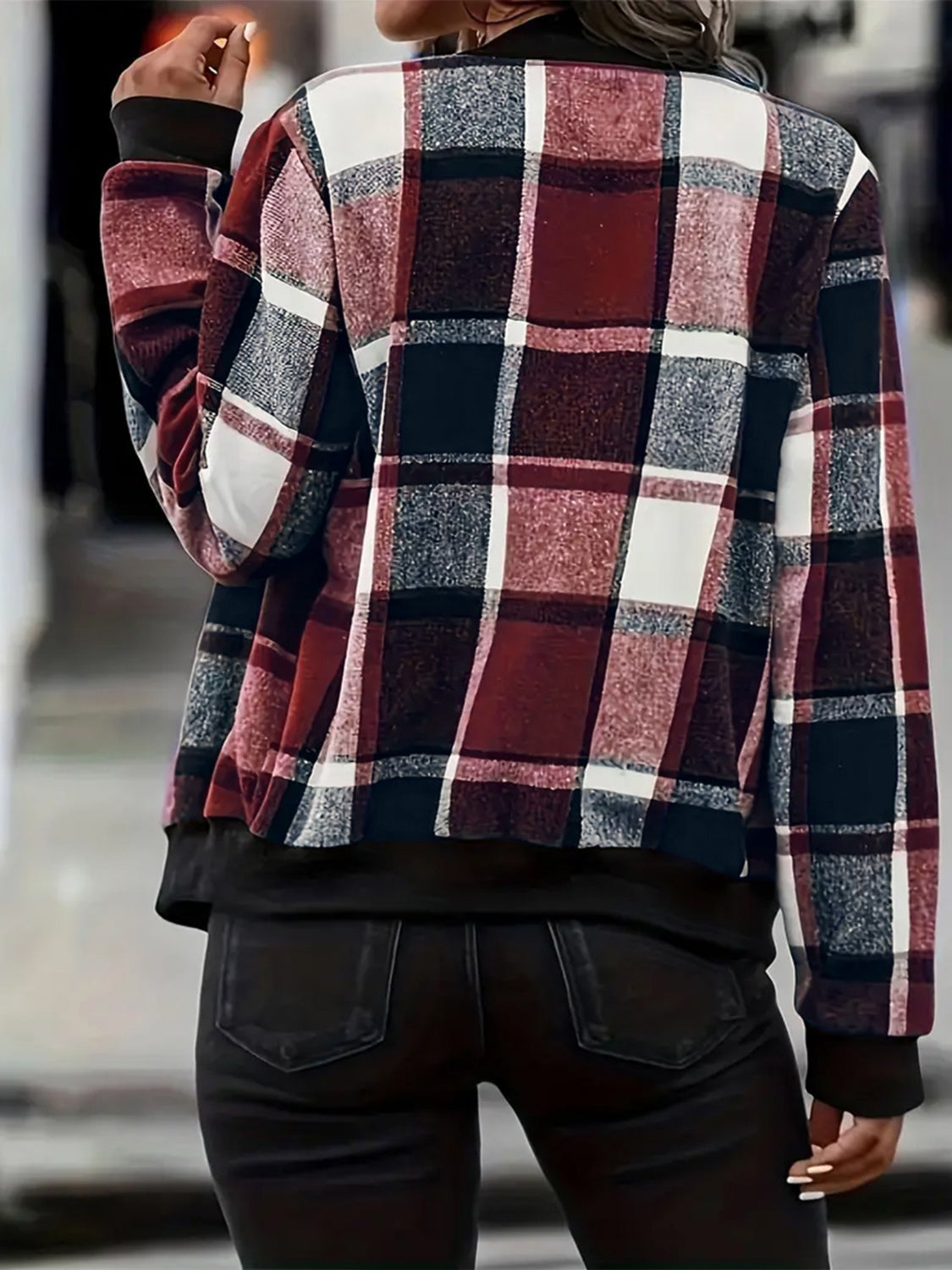 Plus Size Plaid Baseball Collar Zip Up Jacket-Angel Casuals