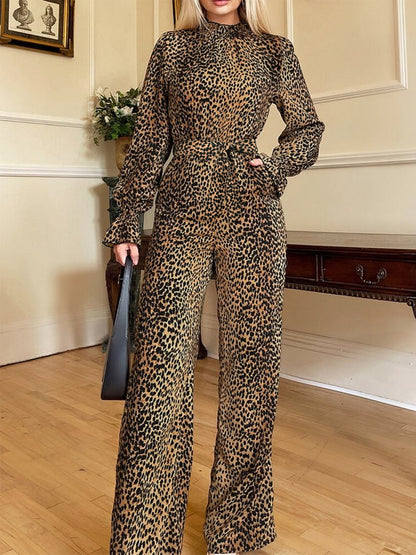 Leopard Flounce Sleeve Wide Leg Jumpsuit-Angel Casuals