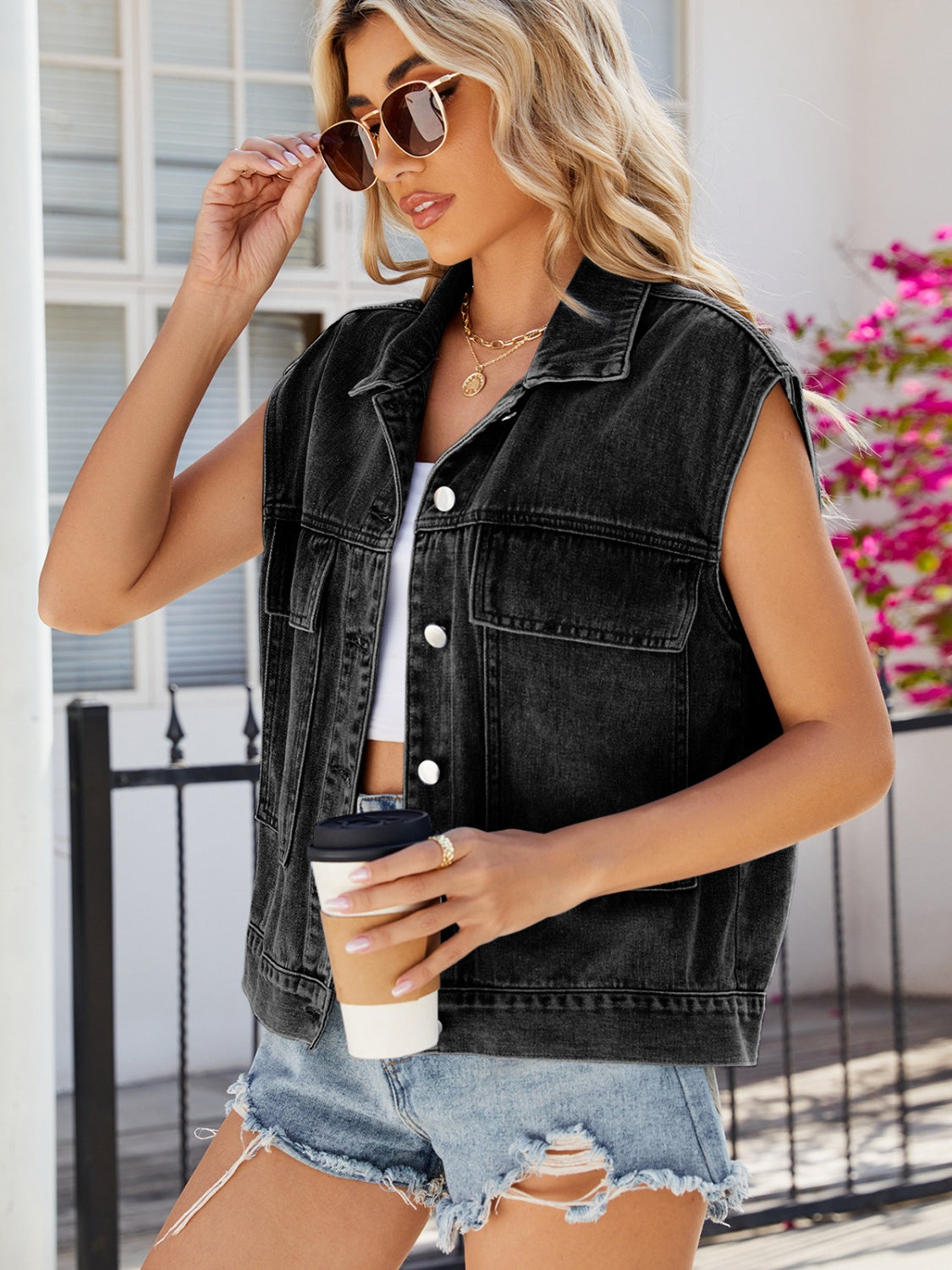 Pocketed Button Up Sleeveless Denim Jacket-Angel Casuals