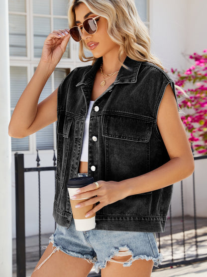 Pocketed Button Up Sleeveless Denim Jacket-Angel Casuals