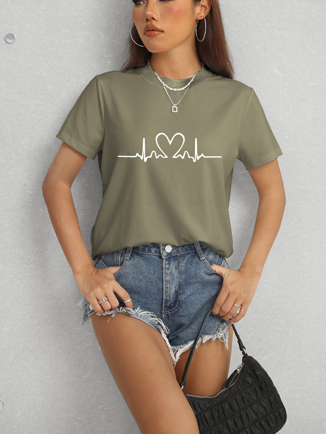 Heart Round Neck Short Sleeve T-Shirt-Angel Casuals