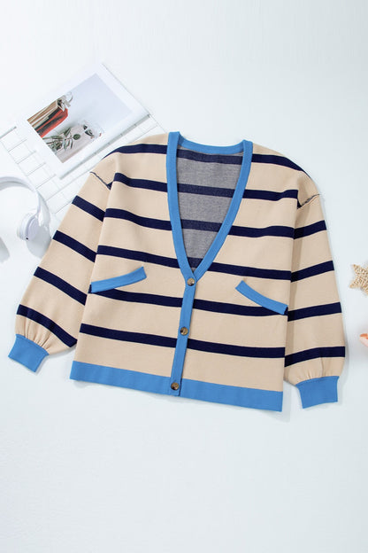 Striped Button Up Long Sleeve Cardigan-Angel Casuals