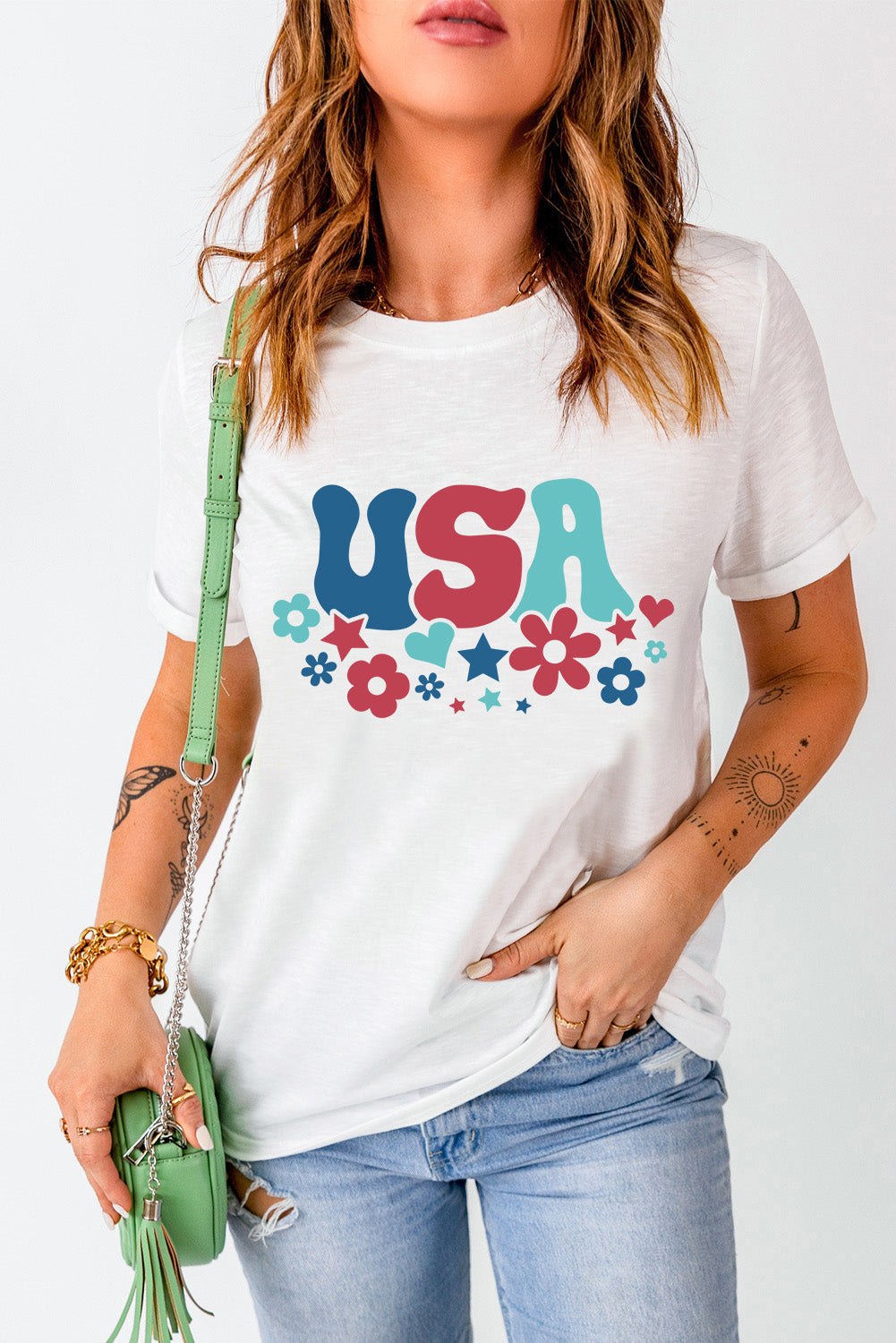 USA Round Neck Short Sleeve T-Shirt-Angel Casuals