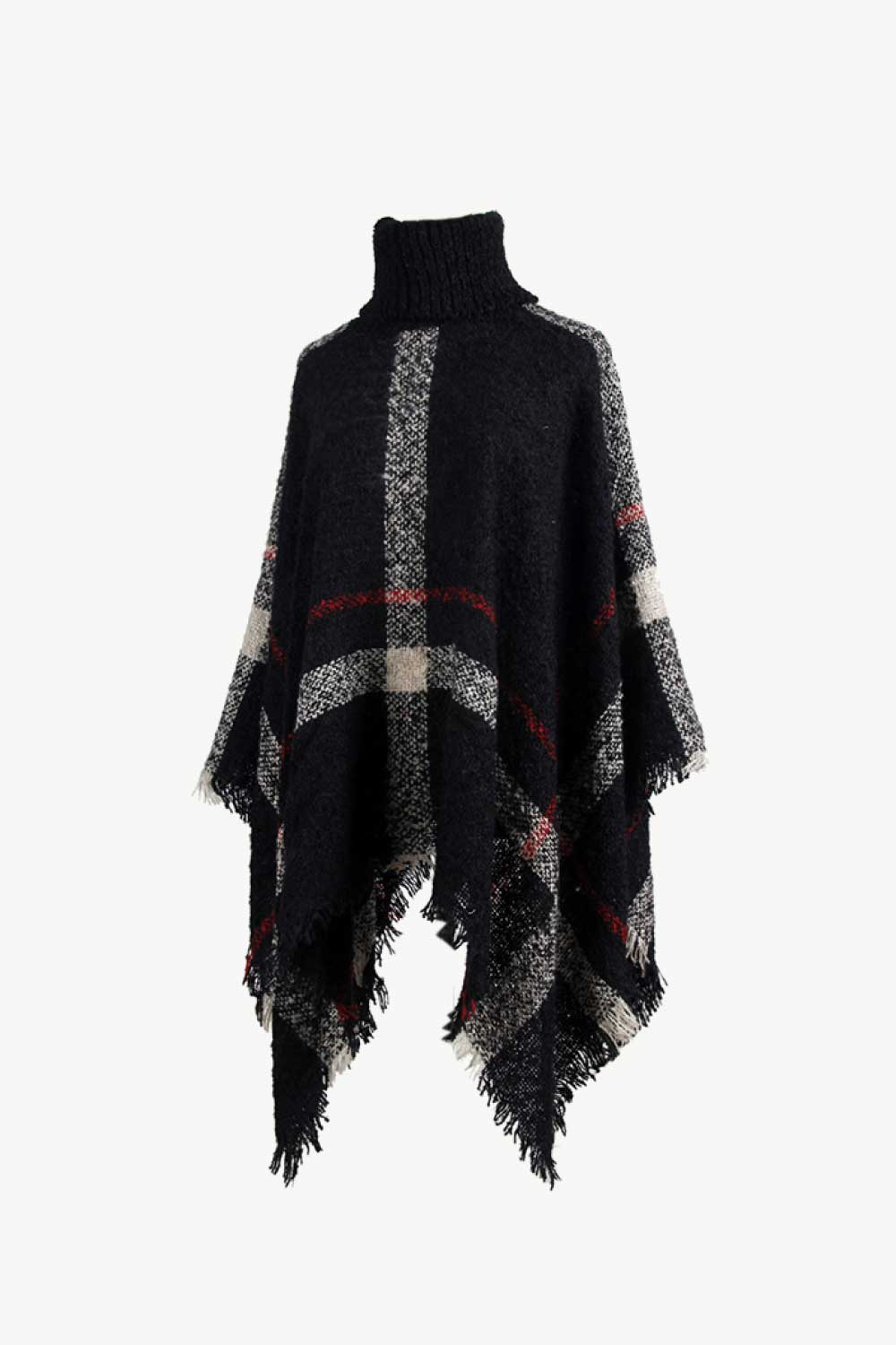 Plaid Turtleneck Raw Hem Poncho-Angel Casuals