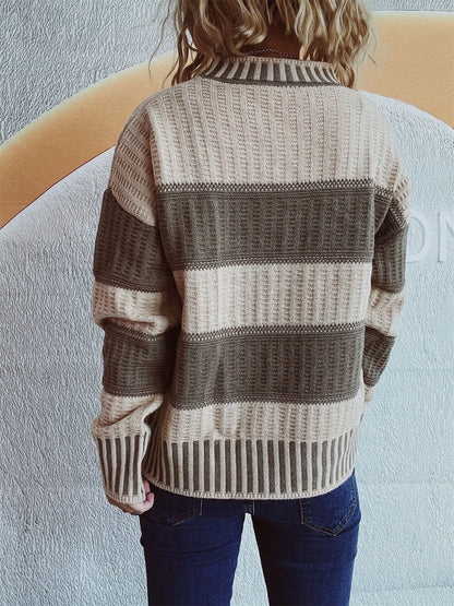 Contrast Round Neck Long Sleeve Sweater-Angel Casuals