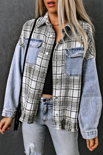 Plaid Pocketed Snap Down Denim Jacket-Angel Casuals