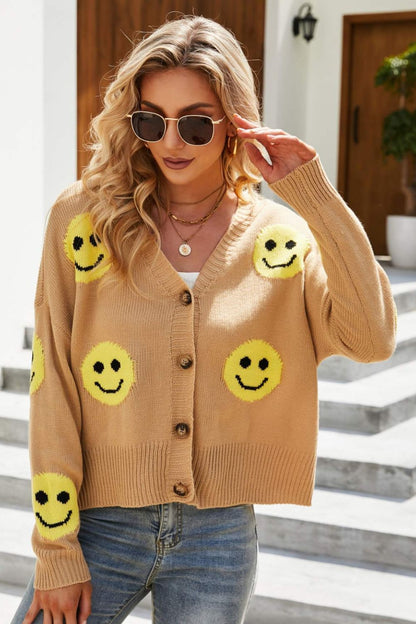 Smiley Face Ribbed Trim V-Neck Cardigan-Angel Casuals