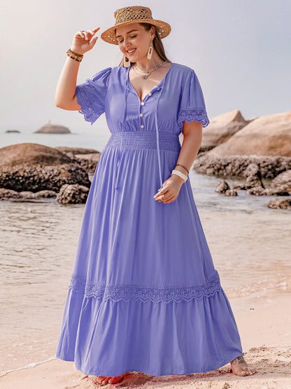 Plus Size Lace Detail Tie Neck Short Sleeve Maxi Dress-Angel Casuals