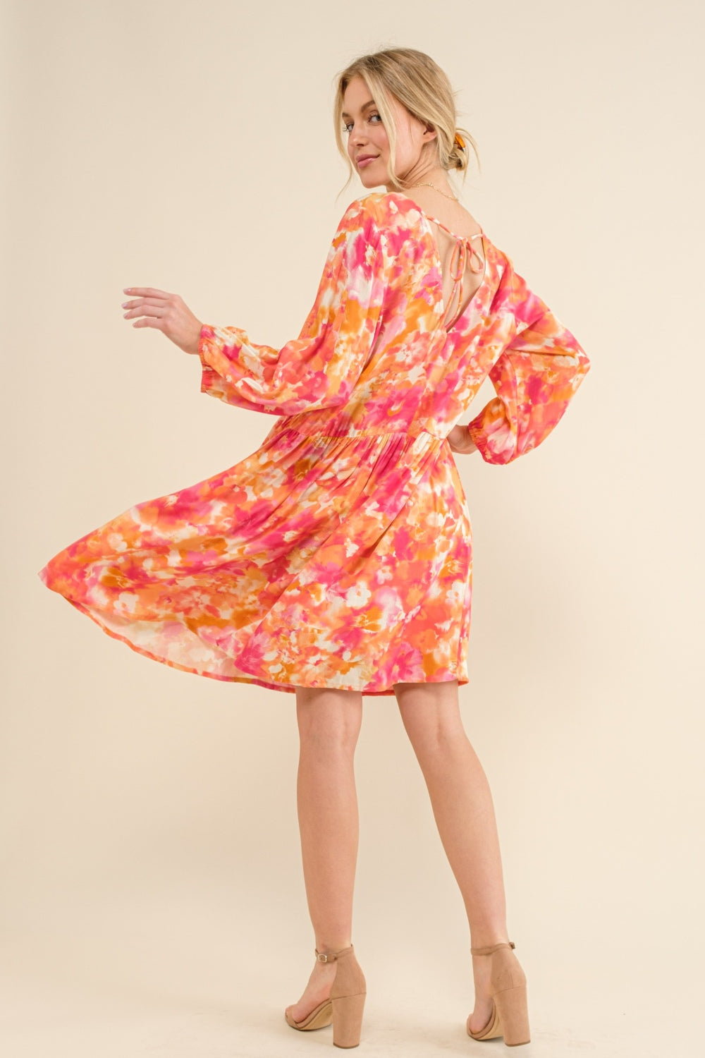 And The Why Full Size Printed Tie Back Long Sleeve Dress-Angel Casuals