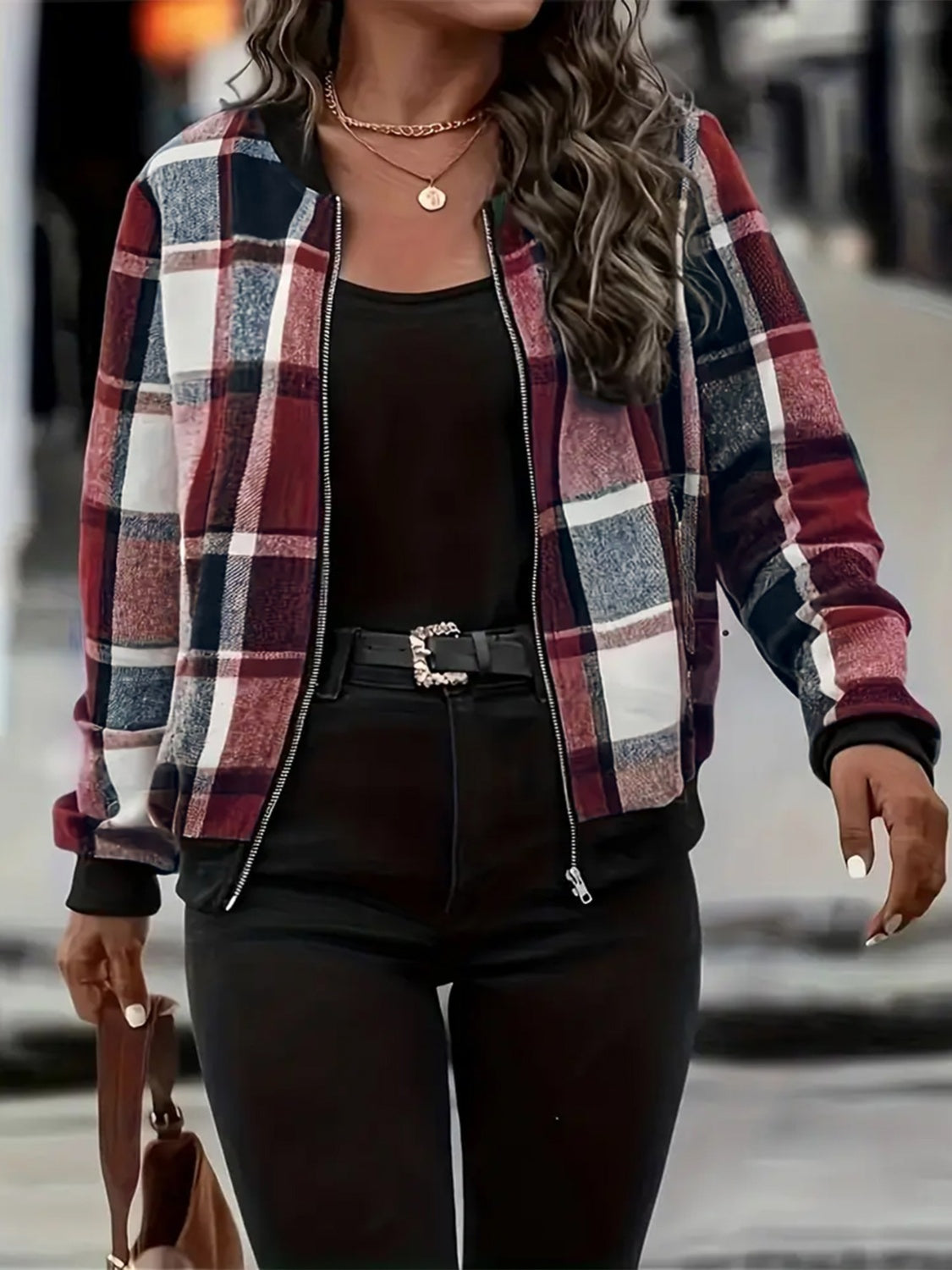 Plus Size Plaid Baseball Collar Zip Up Jacket-Angel Casuals