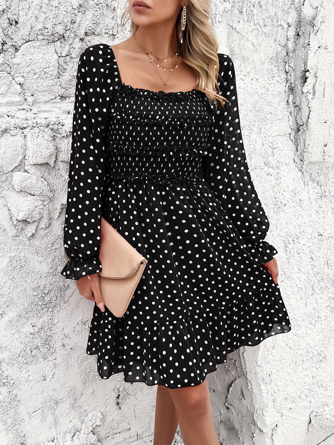 Smocked Polka Dot Long Sleeve Dress-Angel Casuals