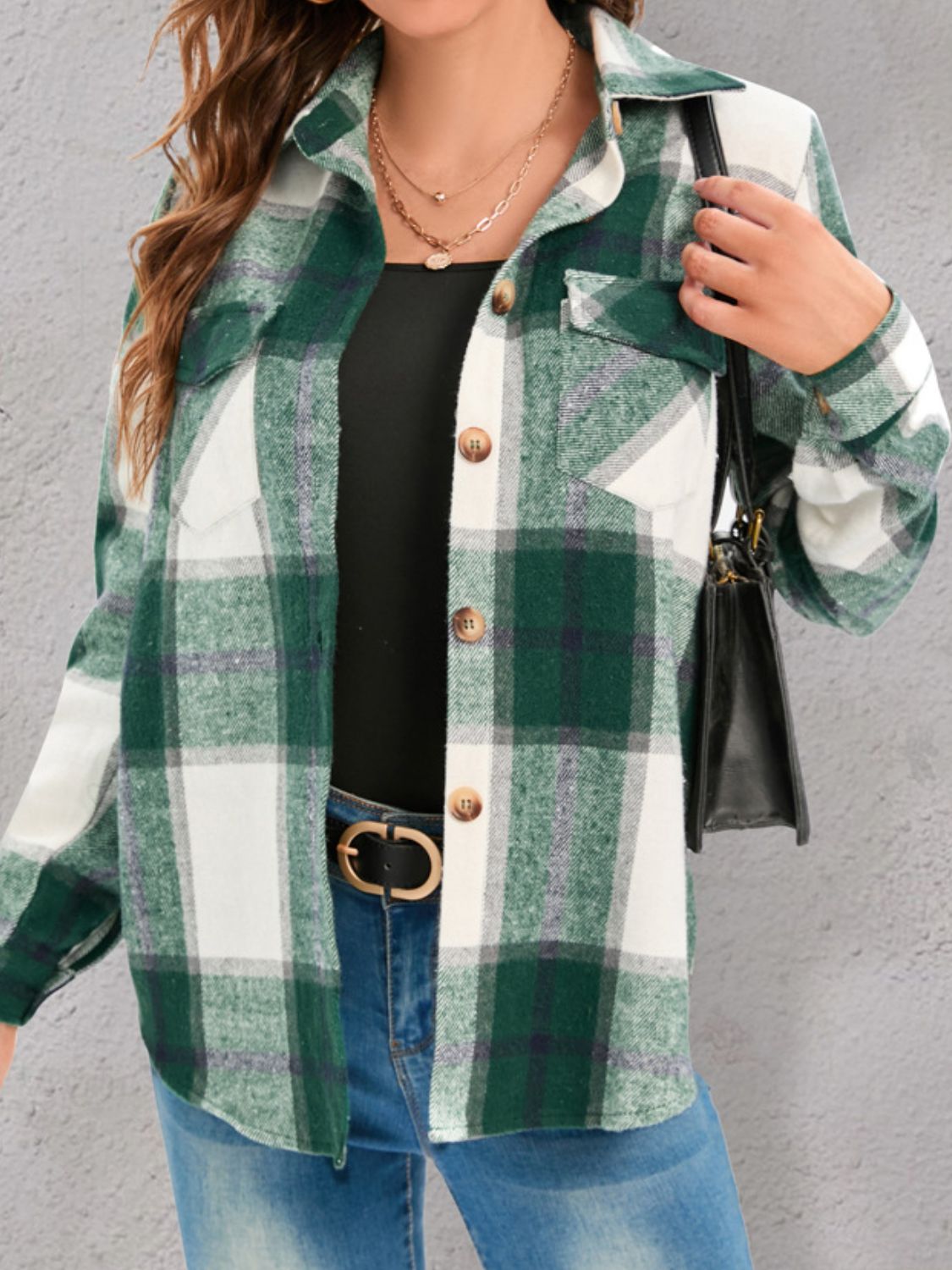 Full Size Pocketed Plaid Collared Neck Shacket-Angel Casuals