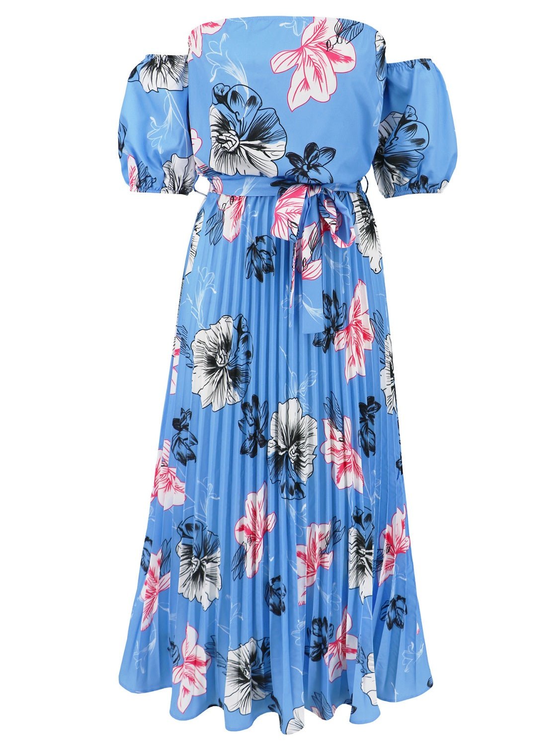 Pleated Floral Off-Shoulder Short Sleeve Midi Dress-Angel Casuals