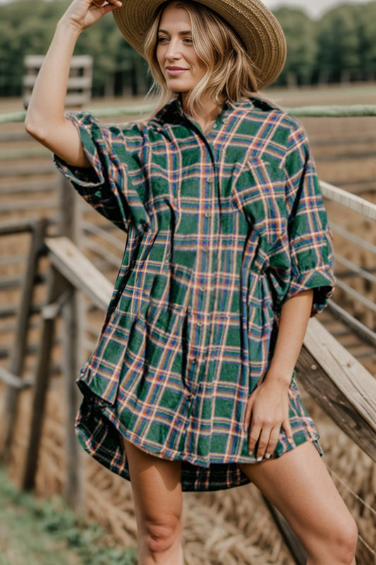 Plaid Button Up Collared Neck Shirt Dress-Angel Casuals