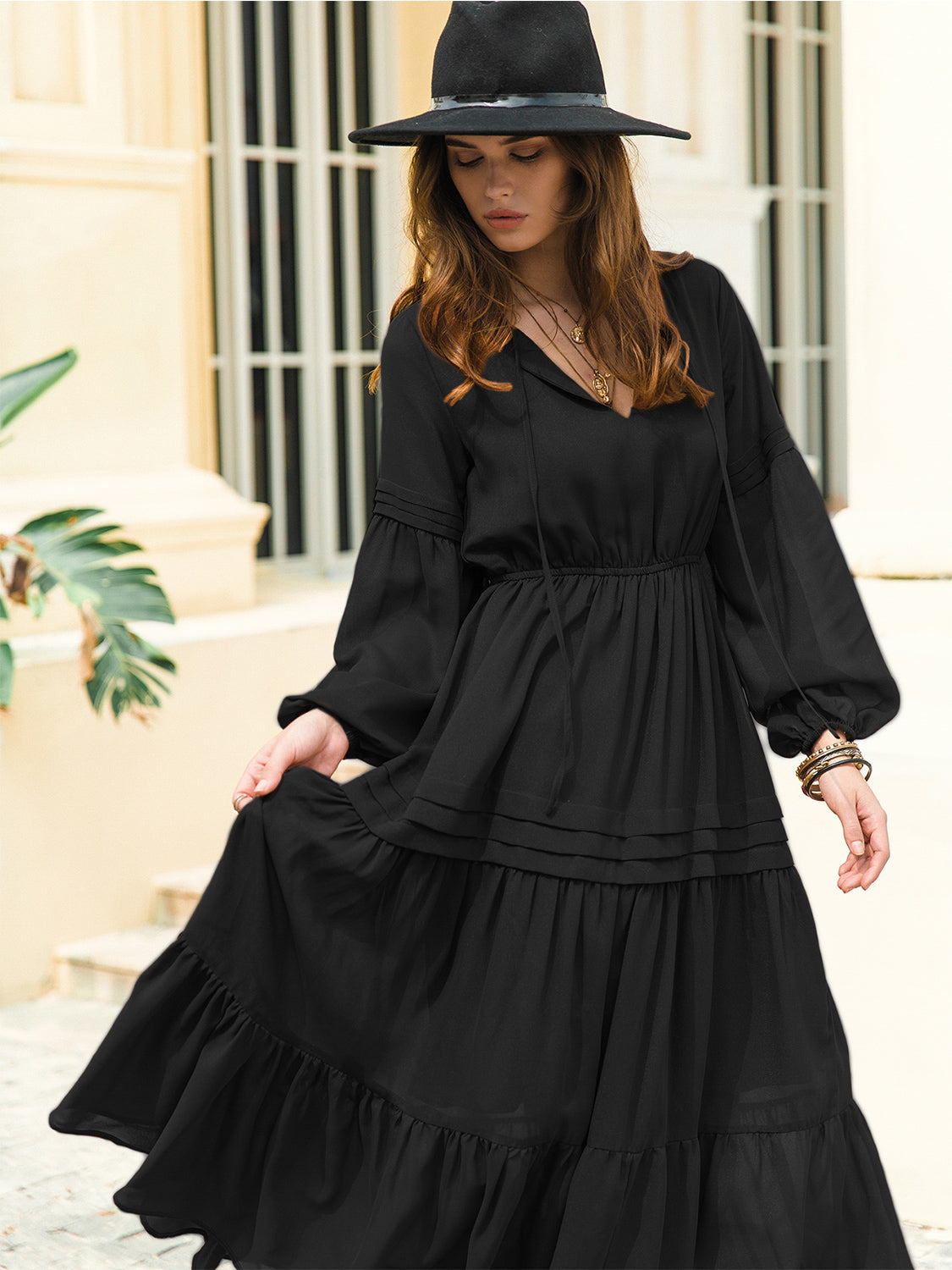 Tie Neck Long Sleeve Midi Tiered Dress-Angel Casuals