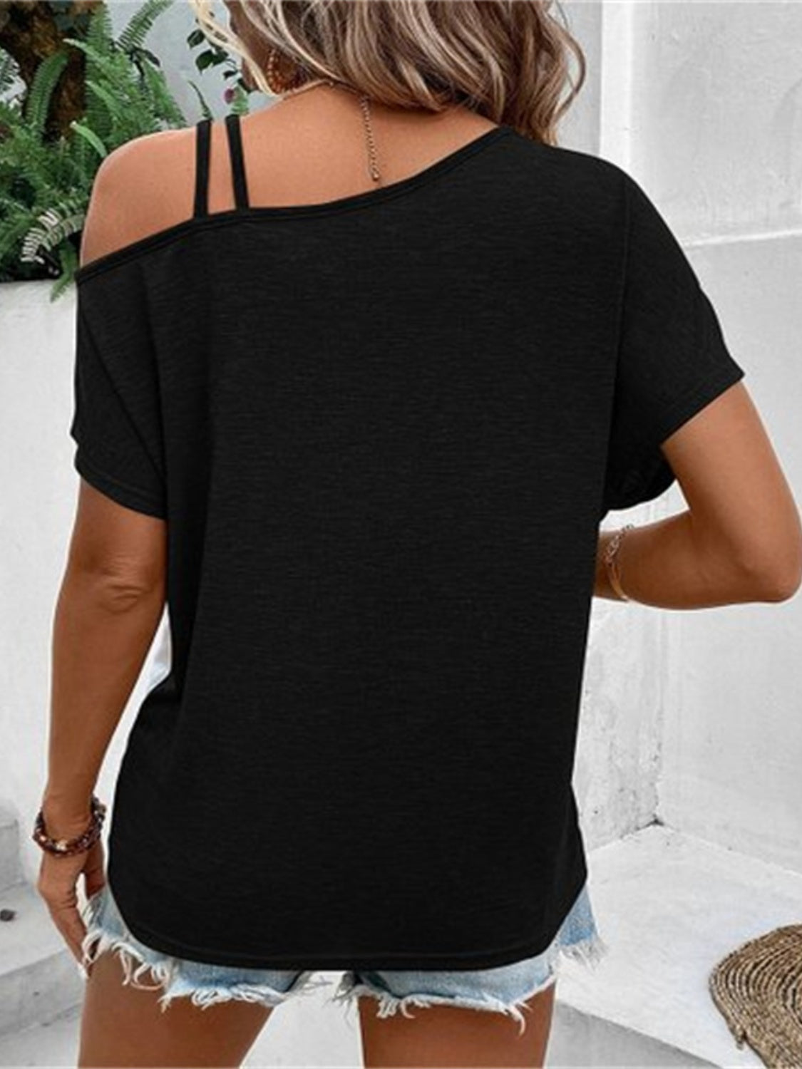 Contrast Asymmetrical Neck Short Sleeve T-Shirt-Angel Casuals