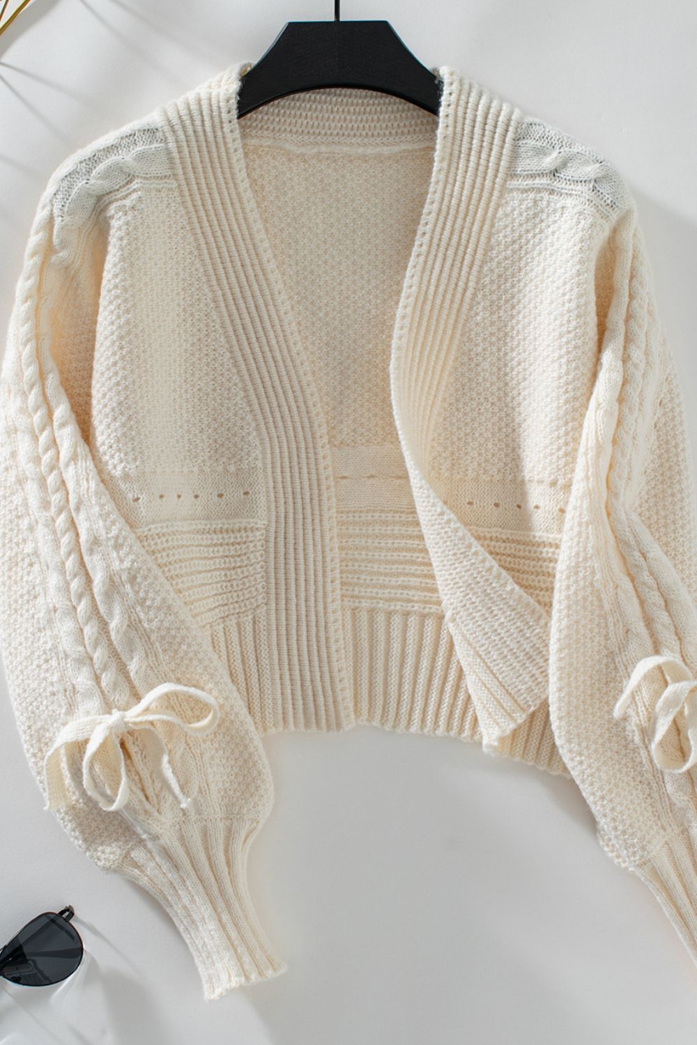 Cable-Knit Tied Open Front Lantern Sleeve Cardigan-Angel Casuals
