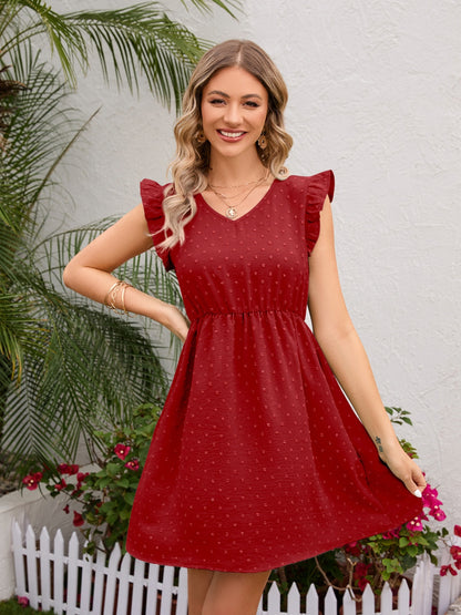 Swiss Dot Ruffled V-Neck Dress-Angel Casuals