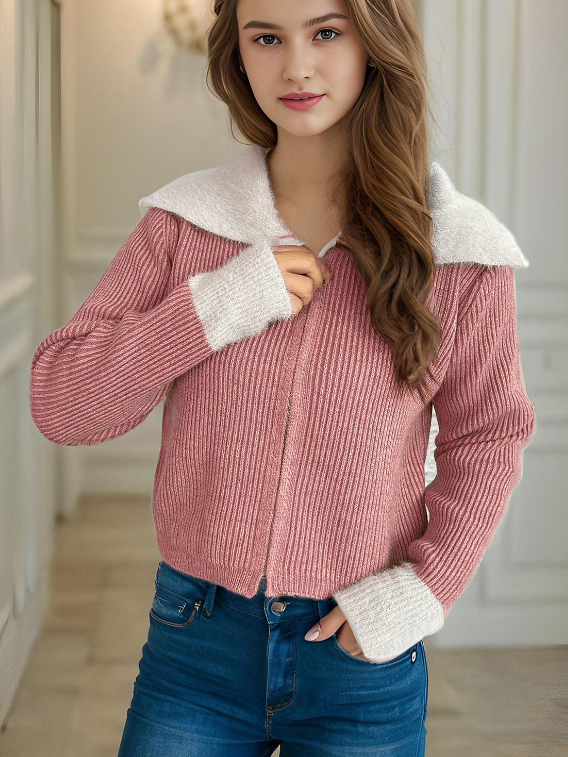 Zip Up Collared Neck Long Sleeve Cardigan-Angel Casuals