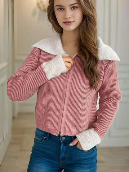 Zip Up Collared Neck Long Sleeve Cardigan-Angel Casuals