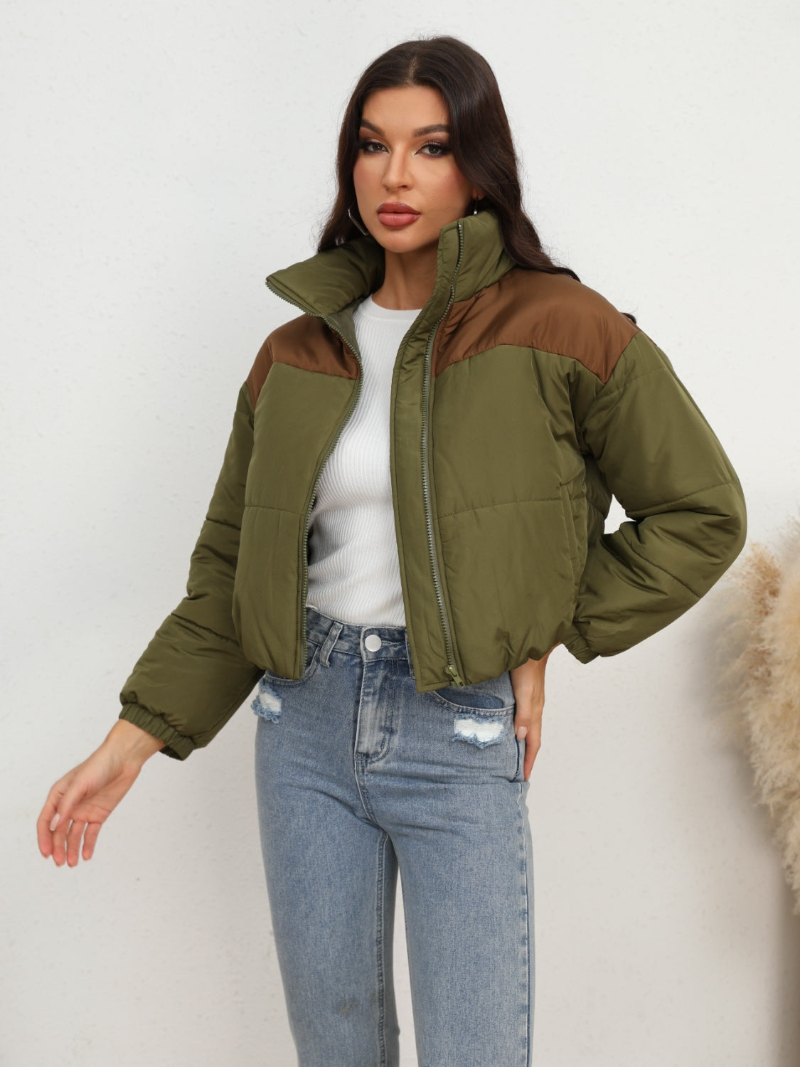 Two-Tone Zip-Up Puffer Jacket-Angel Casuals