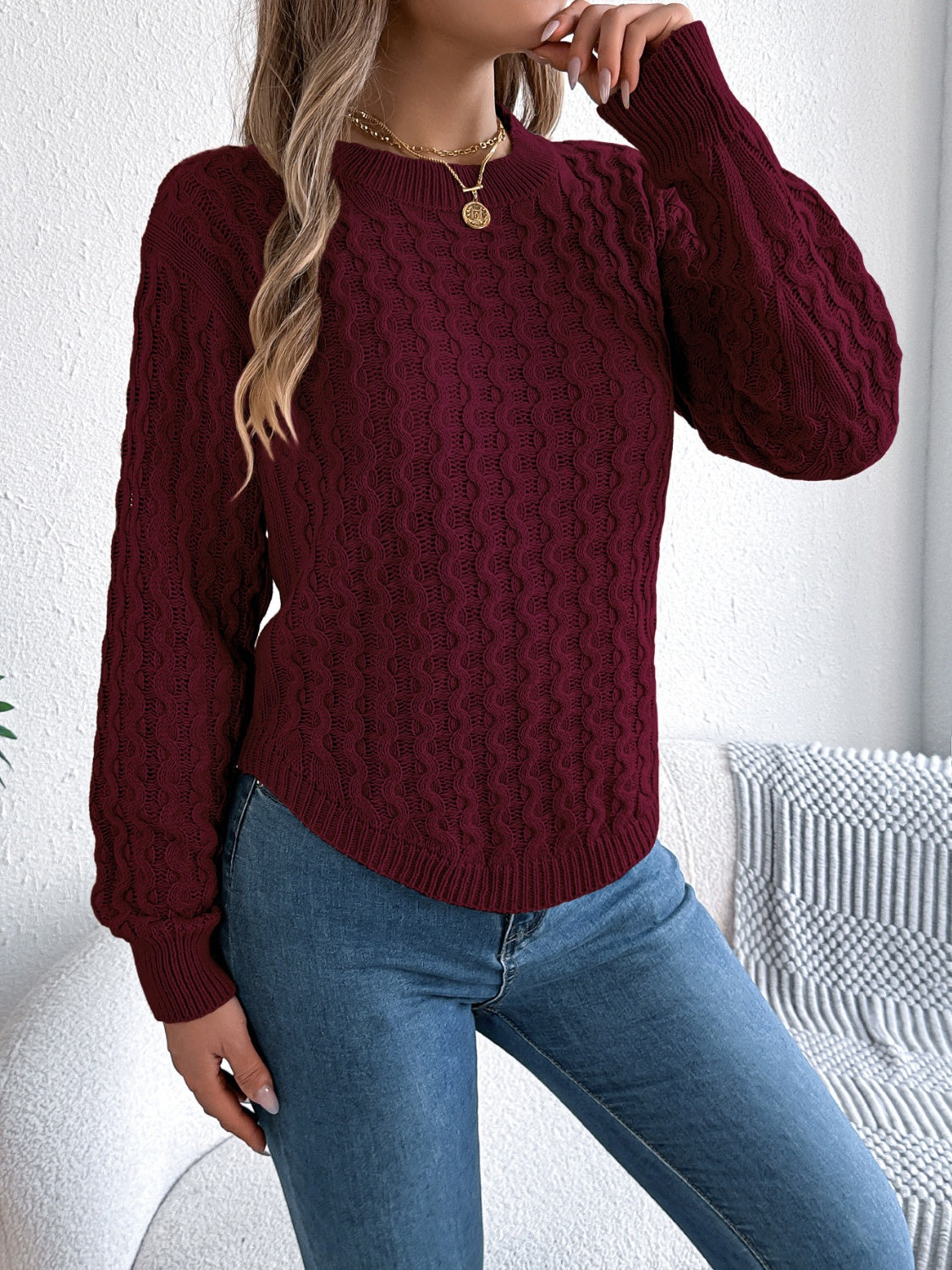 Asymmetric Hem Round Neck Long Sleeve Sweater-Angel Casuals