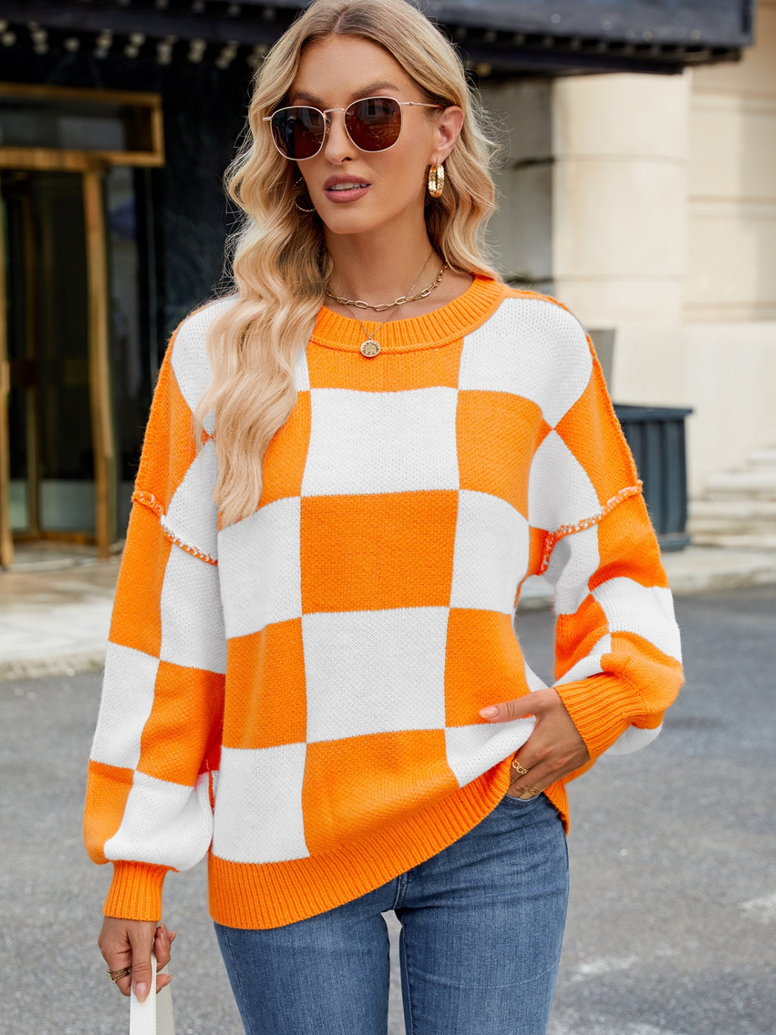 Checkered Round Neck Long Sleeve Sweater-Angel Casuals