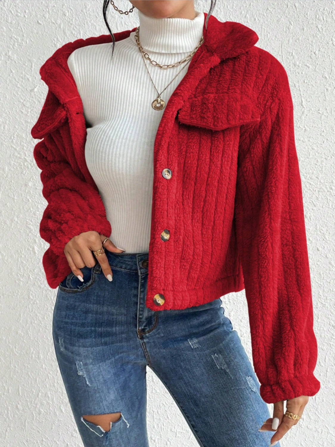 Fuzzy Button Up Collared Neck Jacket-Angel Casuals
