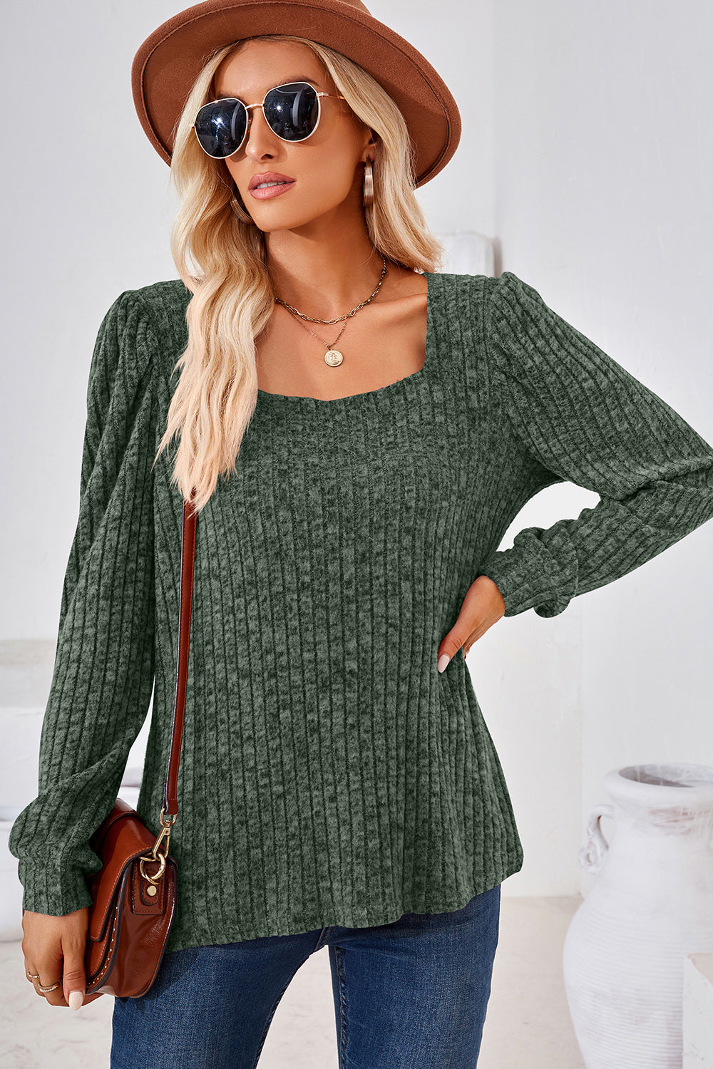 Ribbed Square Neck Long Sleeve T-Shirt-Angel Casuals