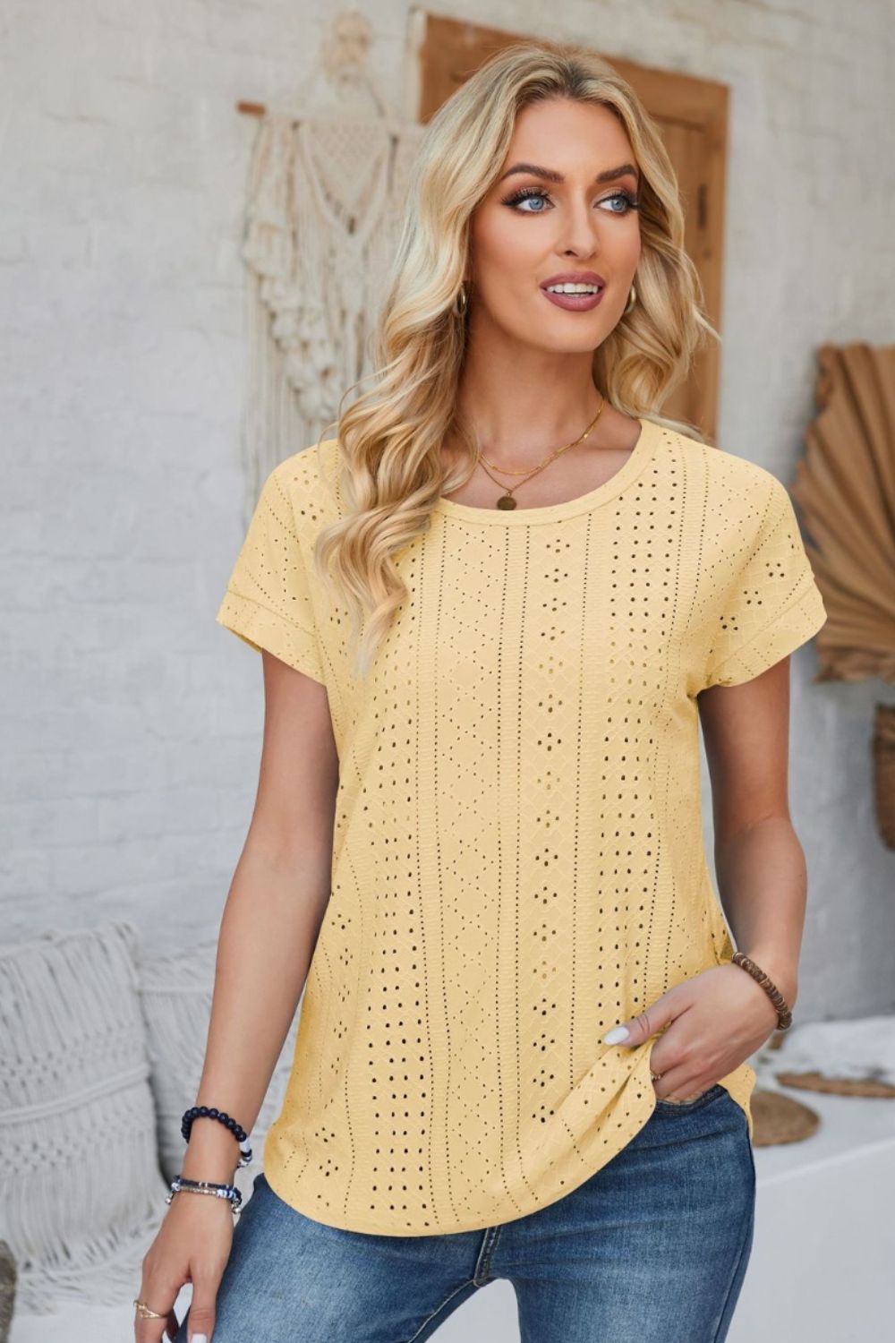 Eyelet Round Neck Rolled Short Sleeve T-Shirt-Angel Casuals
