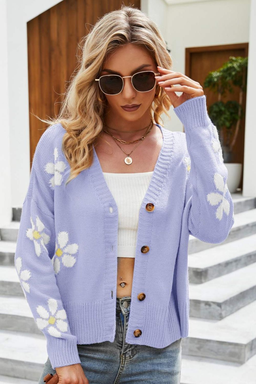 Floral Ribbed Trim Drop Shoulder Cardigan-Angel Casuals