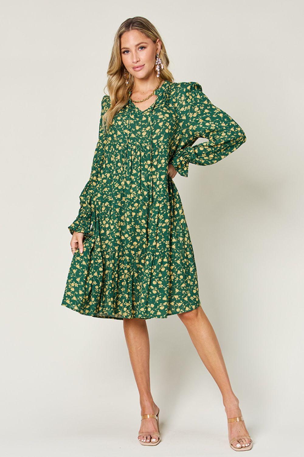 Double Take Full Size Printed Ruffle Hem Long Sleeve Dress-Angel Casuals