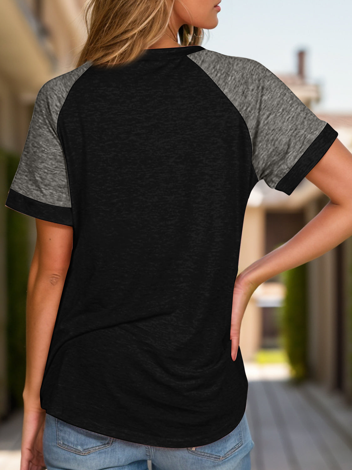 Full Size Contrast Round Neck Short Sleeve T-Shirt-Angel Casuals