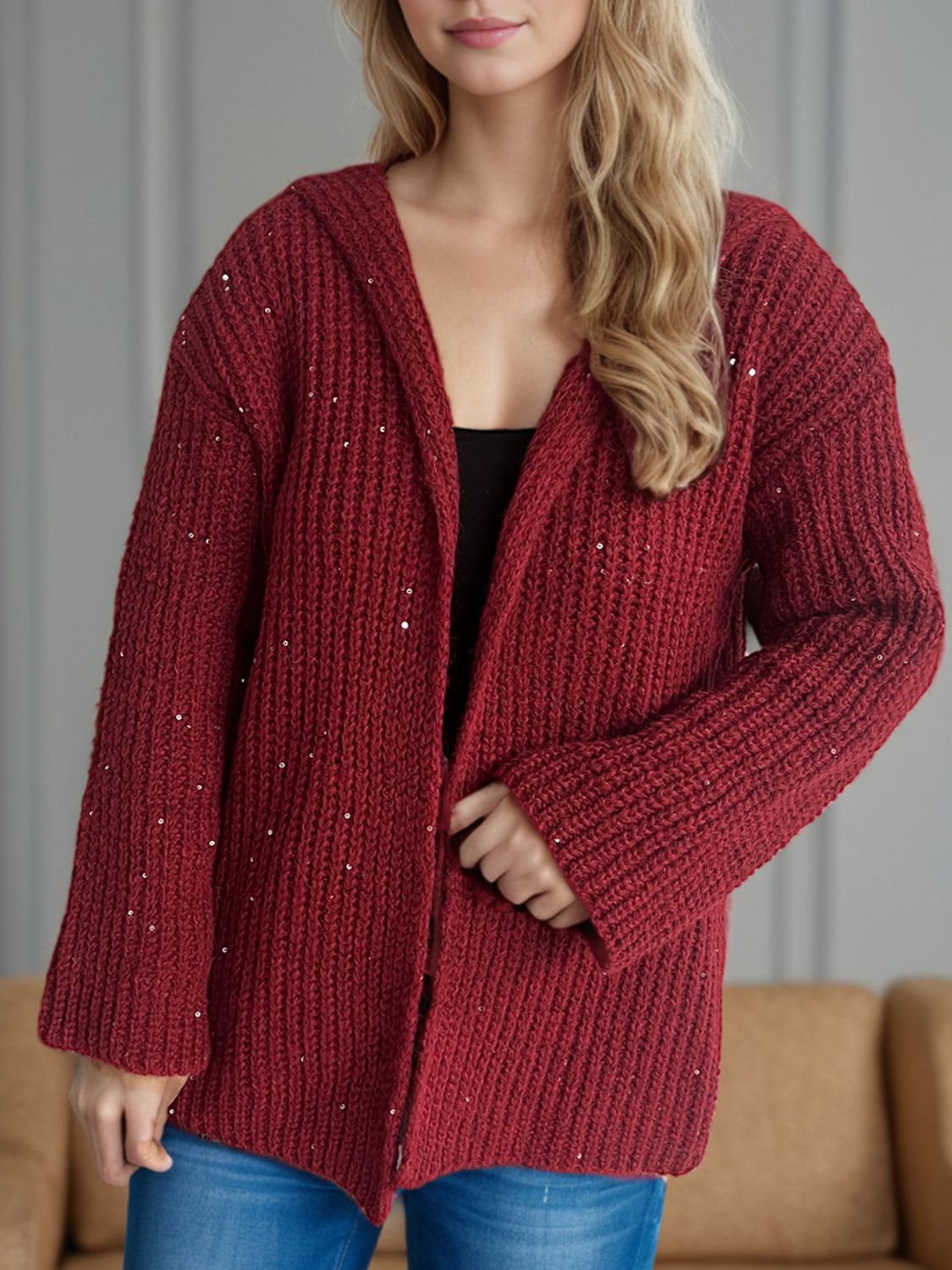 Sequin Detail Long Sleeve Hooded Cardigan-Angel Casuals