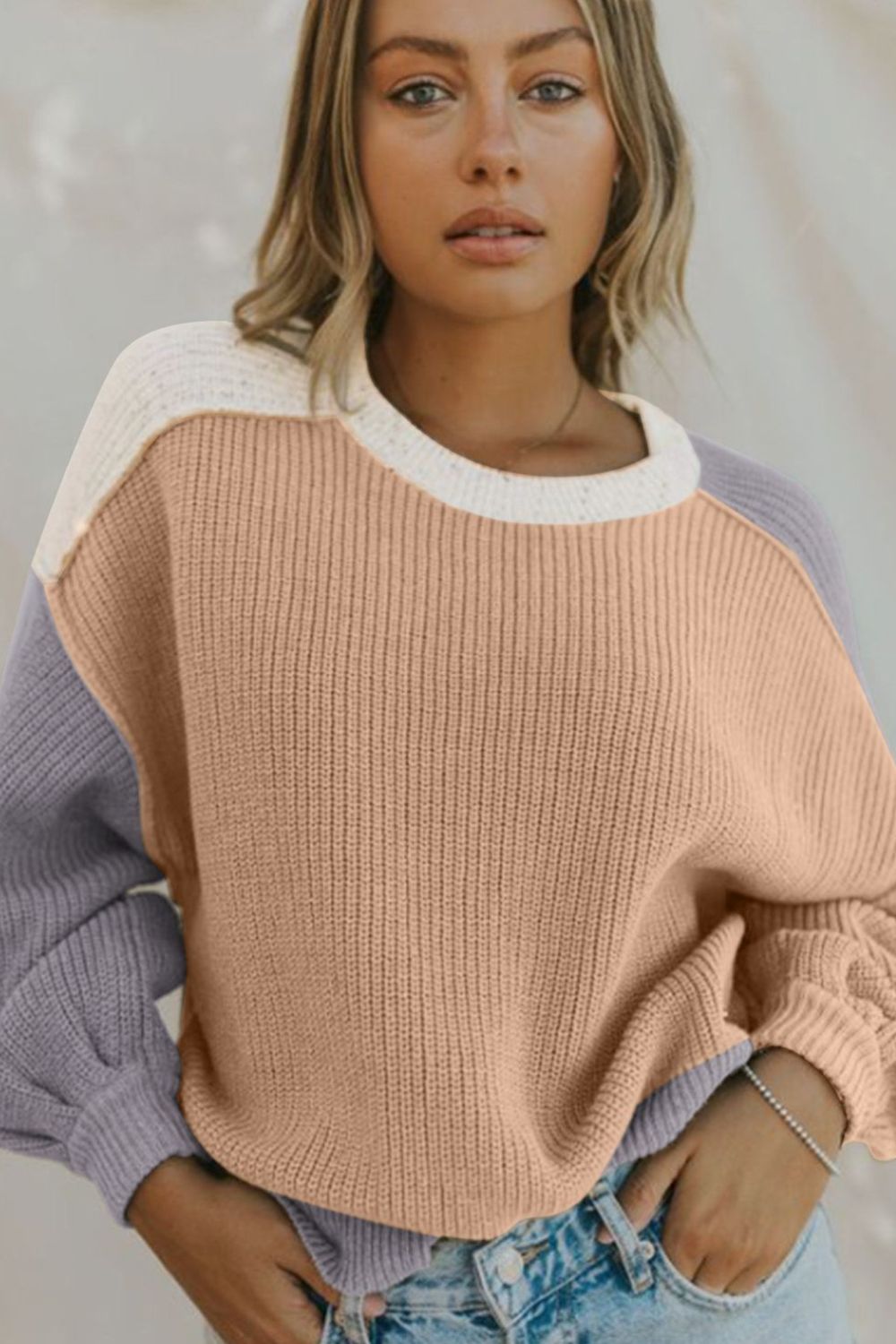 Color Block Round Neck Drop Shoulder Sweater-Angel Casuals