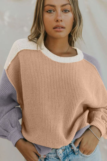 Color Block Round Neck Drop Shoulder Sweater-Angel Casuals