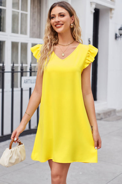 Ruffled V-Neck Flutter Sleeve Dress-Angel Casuals