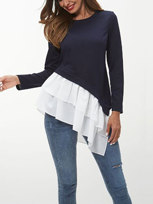 Tiered Contrast Round Neck Long Sleeve T-Shirt-Angel Casuals