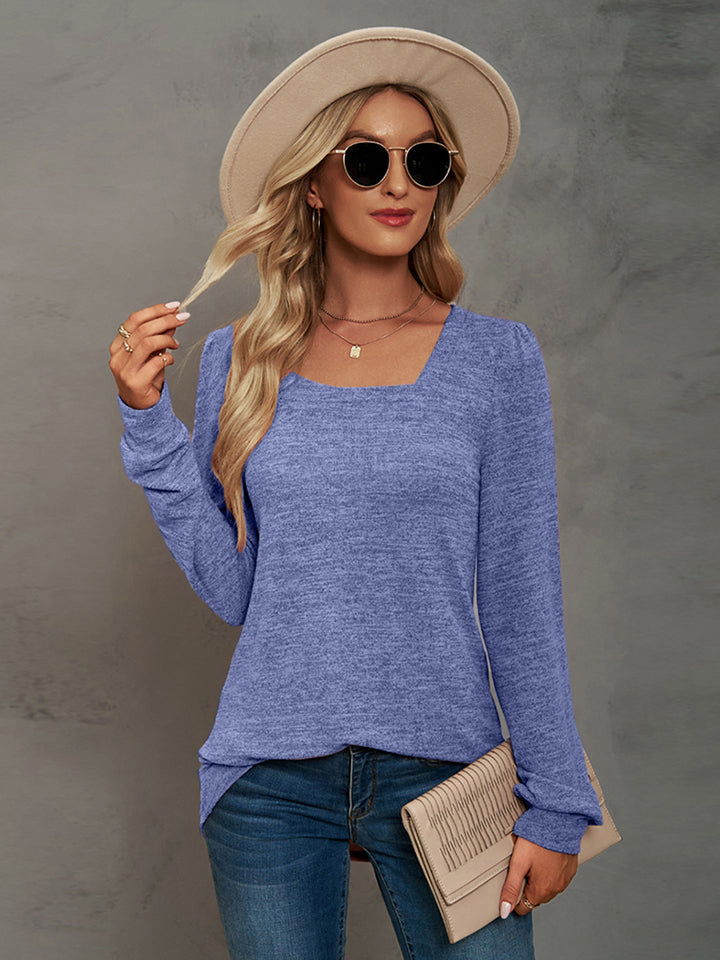 Heathered Square Neck Long Sleeve T-Shirt-Angel Casuals