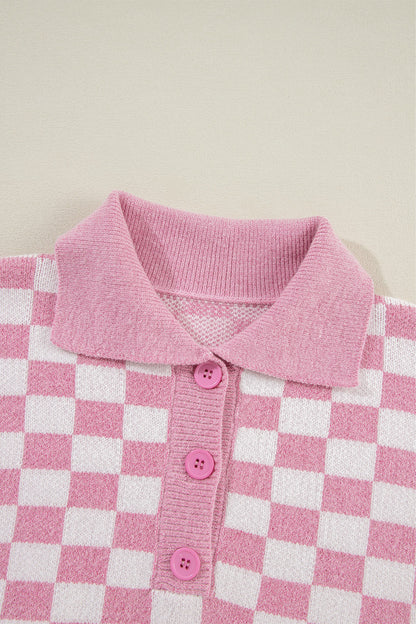 Checkered Collared Neck Dropped Shoulder Sweater-Angel Casuals