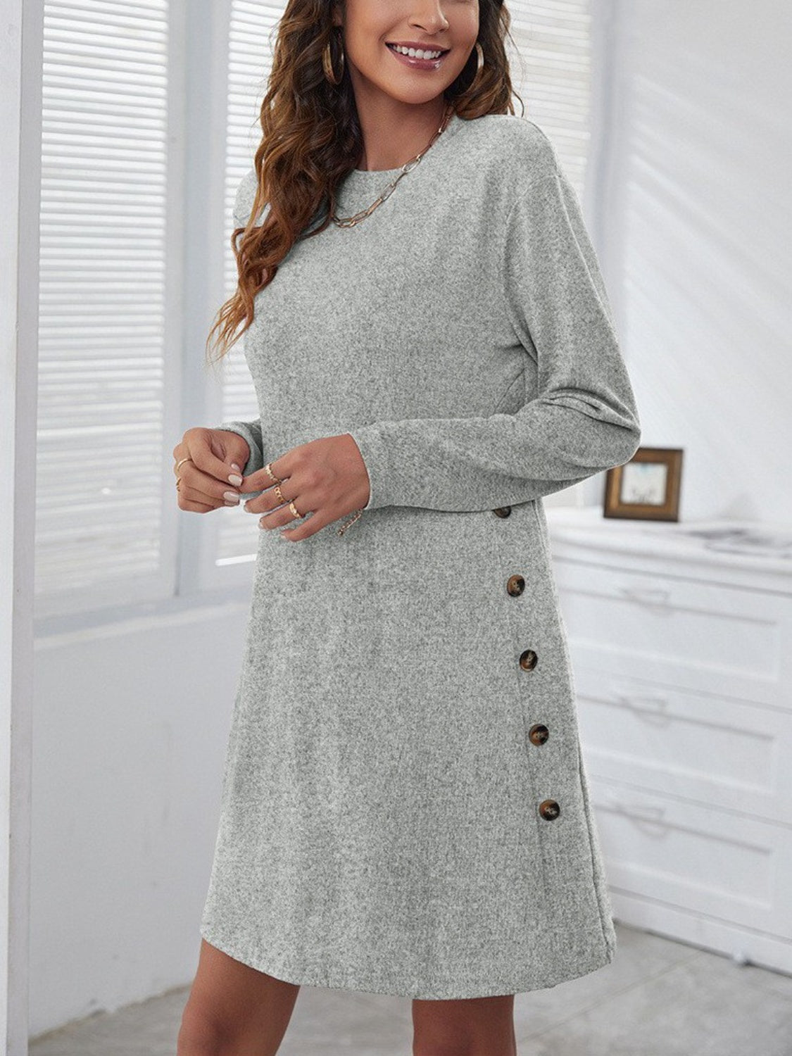 Round Neck Long Sleeve Mini Dress-Angel Casuals