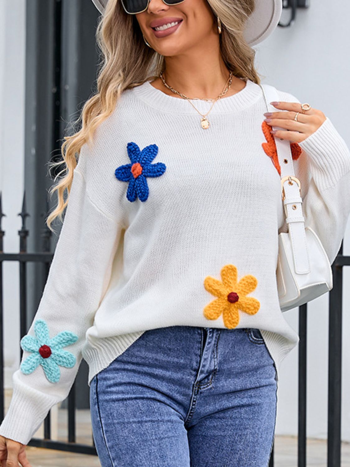 Angel Wings Crochet Flower Round Neck Sweater-Angel Casuals