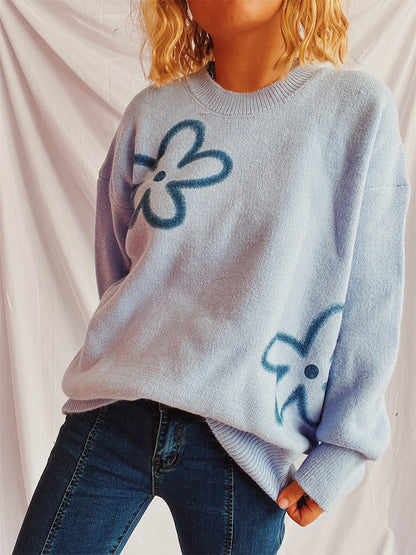 Flower Round Neck Long Sleeve Sweater-Angel Casuals