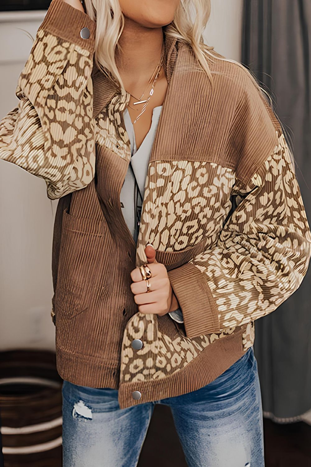 Leopard Button Up Drop Shoulder Jacket-Angel Casuals