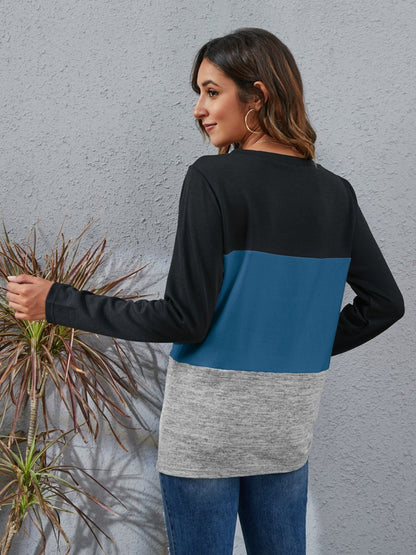 Color Block Round Neck Long Sleeve T-Shirt-Angel Casuals