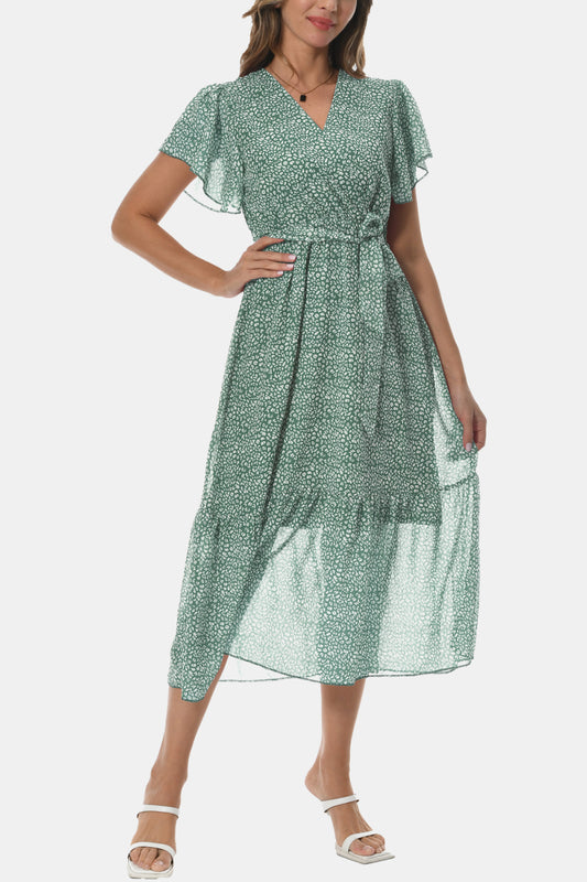 Surplice Neck Flutter Sleeve Tied Dress-Angel Casuals